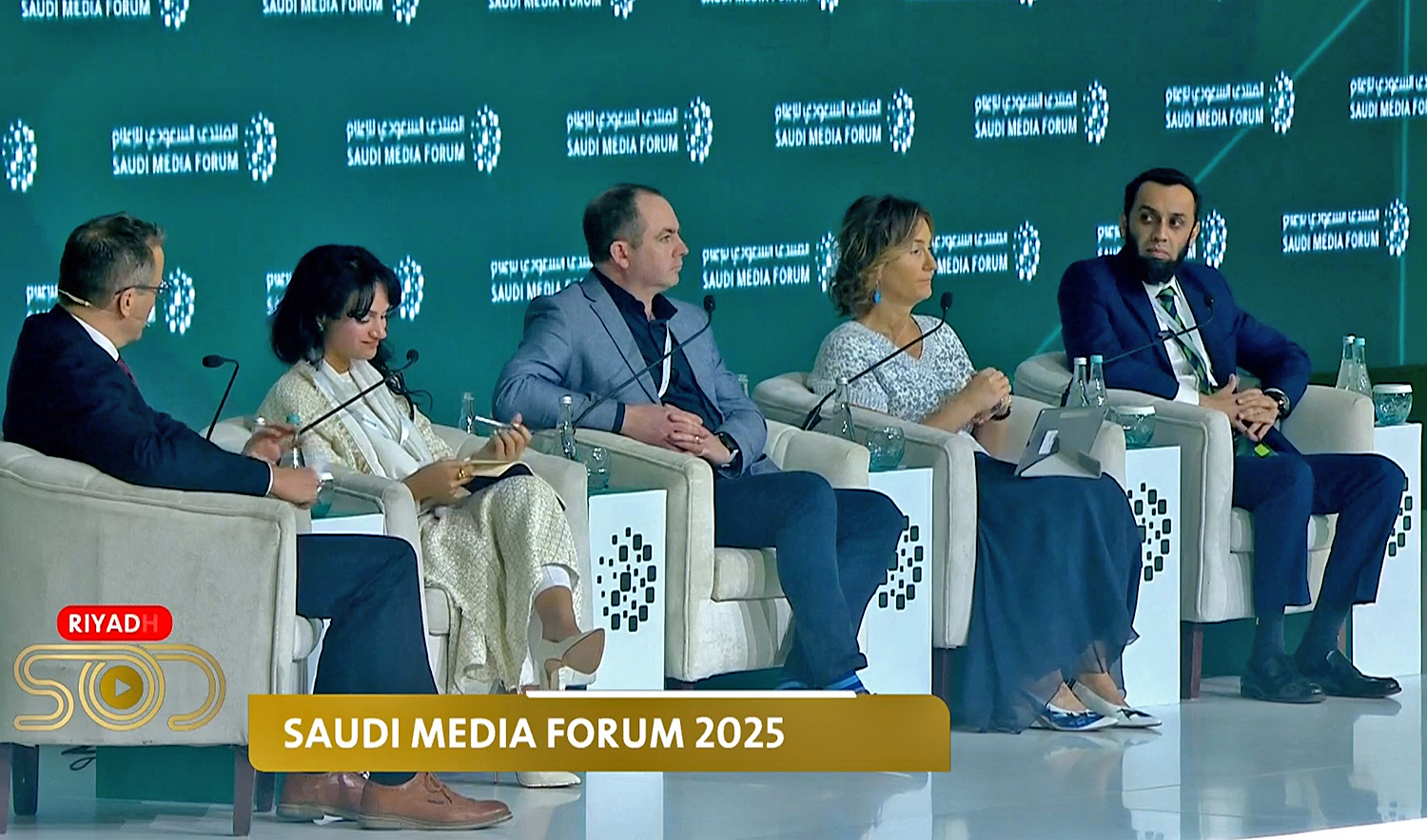 Pakistan Information Minister Ataullah Tarar (first from right) speaks during a panel discussion on the first day of the Saudi Media Forum in Riyadh, Saudi Arabia, on February 19, 2025. (Saudi on Demand/Screengrab)