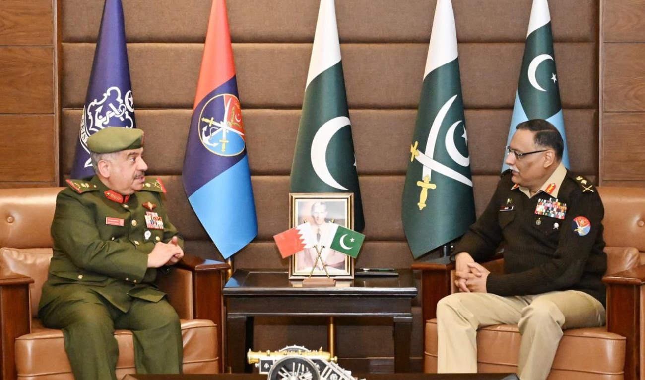 Lt. Gen. Shaikh Abdulaziz Saud Mubarak Al-Khalifa (L), the chief of staff of the Bahrain National Guard, meeting with General Sahir Shamshad Mirza, the chairman of Pakistan’s Joint Chiefs of Staff Committee (CJCSC) at the Joint Staff Headquarters in Rawalpindi, Pakistan on February 20, 2025. (ISPR).