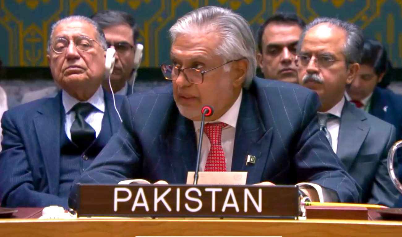 Pakistan’s Deputy Prime Minister Ishaq Dar addresses the United Nations Security Council (UNSC) on February 18, 2025. (Ministry of Foreign Affairs)