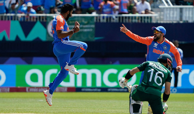 India’s Jasprit Bumrah (L) celebrates after dismissing Pakistan’s Mohammad Rizwan during the ICC men’s Twenty20 World Cup 2024 group-A cricket match between India and Pakistan at Nassau County International Cricket Stadium in East Meadow, New York on June 9, 2024. (AFP/File)