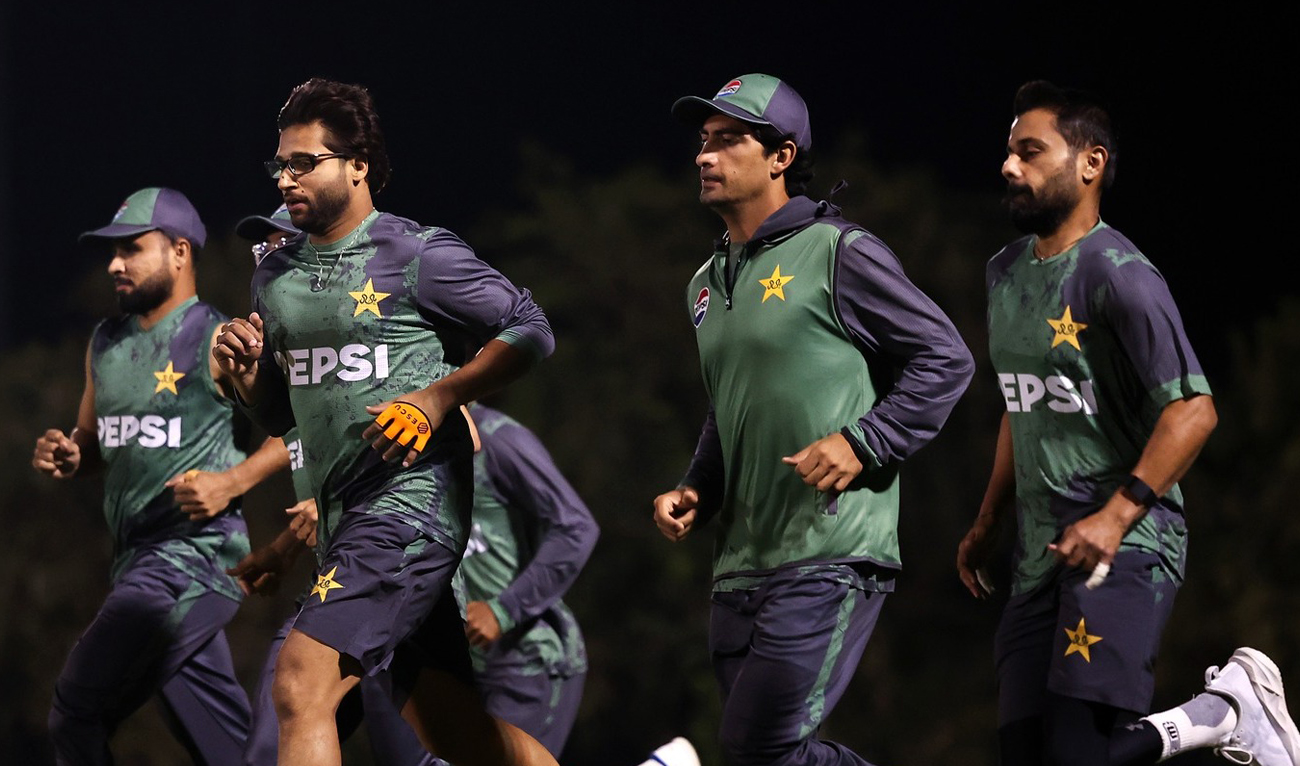 Pakistani cricketers run during a practice session for their Champions Trophy match against India in Dubai on February 22, 2025. (Photo courtesy: PCB)