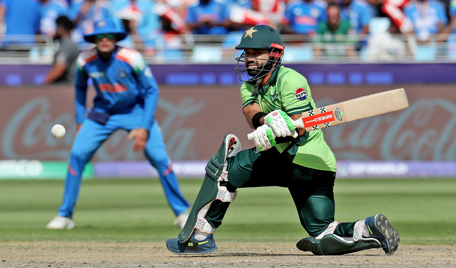 Pakistan's captain Mohammad Rizwan plays a shot during the ICC Champions Trophy cricket match between India and Pakistan at Dubai International Cricket Stadium in Dubai, United Arab Emirates, on Feb. 23, 2025. (REUTERS)