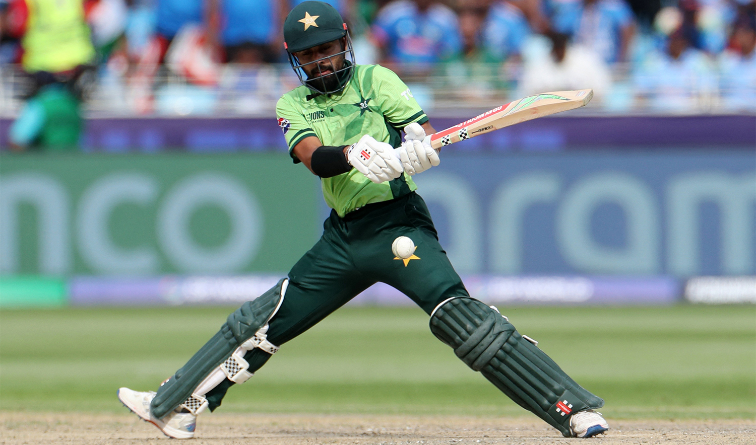 Pakistan's Saud Shakeel plays a shot during the ICC Champions Trophy cricket match between India and Pakistan at Dubai International Cricket Stadium in Dubai, United Arab Emirates, on. Feb. 23, 2025. (REUTERS)