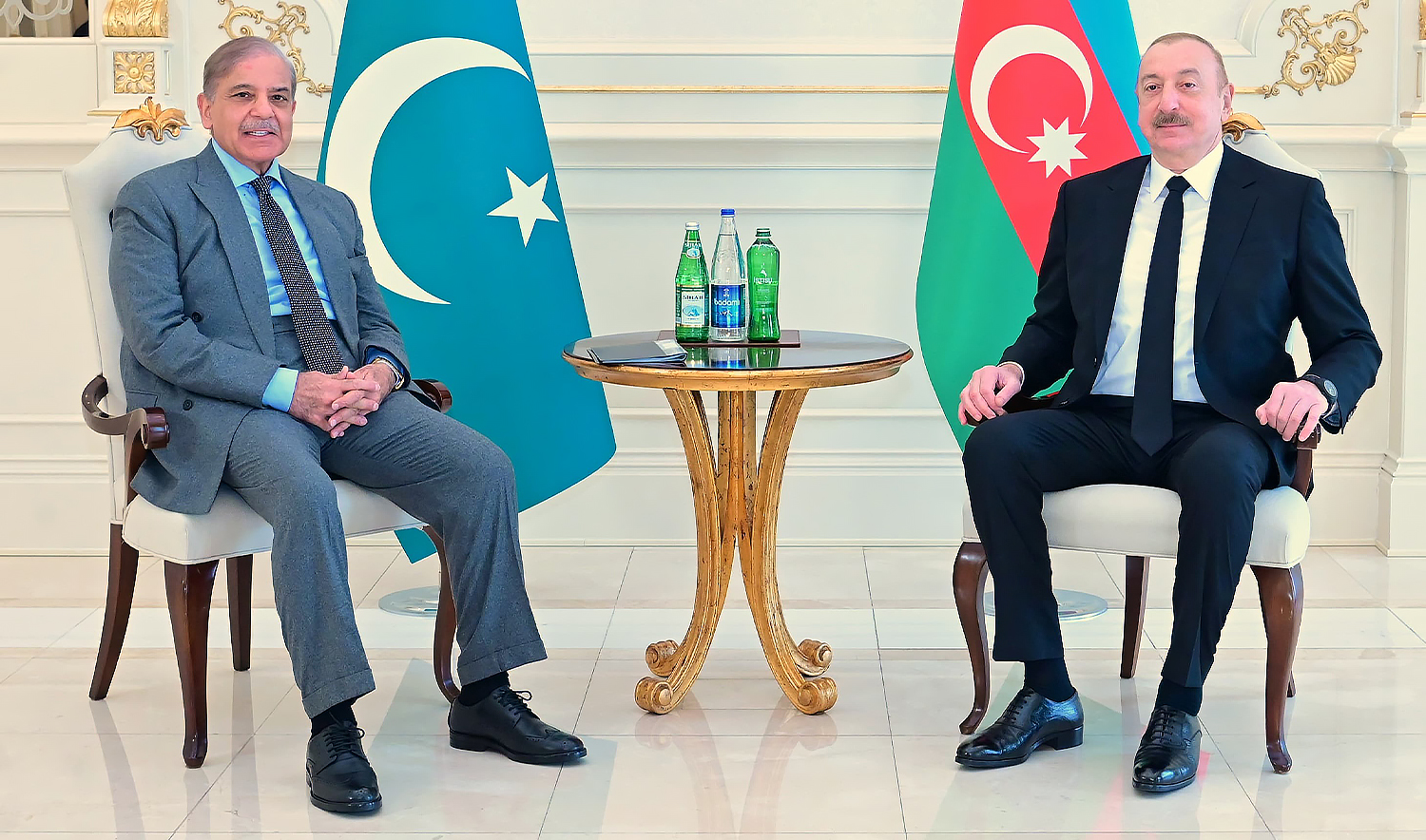 Pakistan Prime Minister Shehbaz Sharif (left) meets Azerbaijan President Ilham Aliyev in Baku on February 24, 2025. (Government of Paksitan)