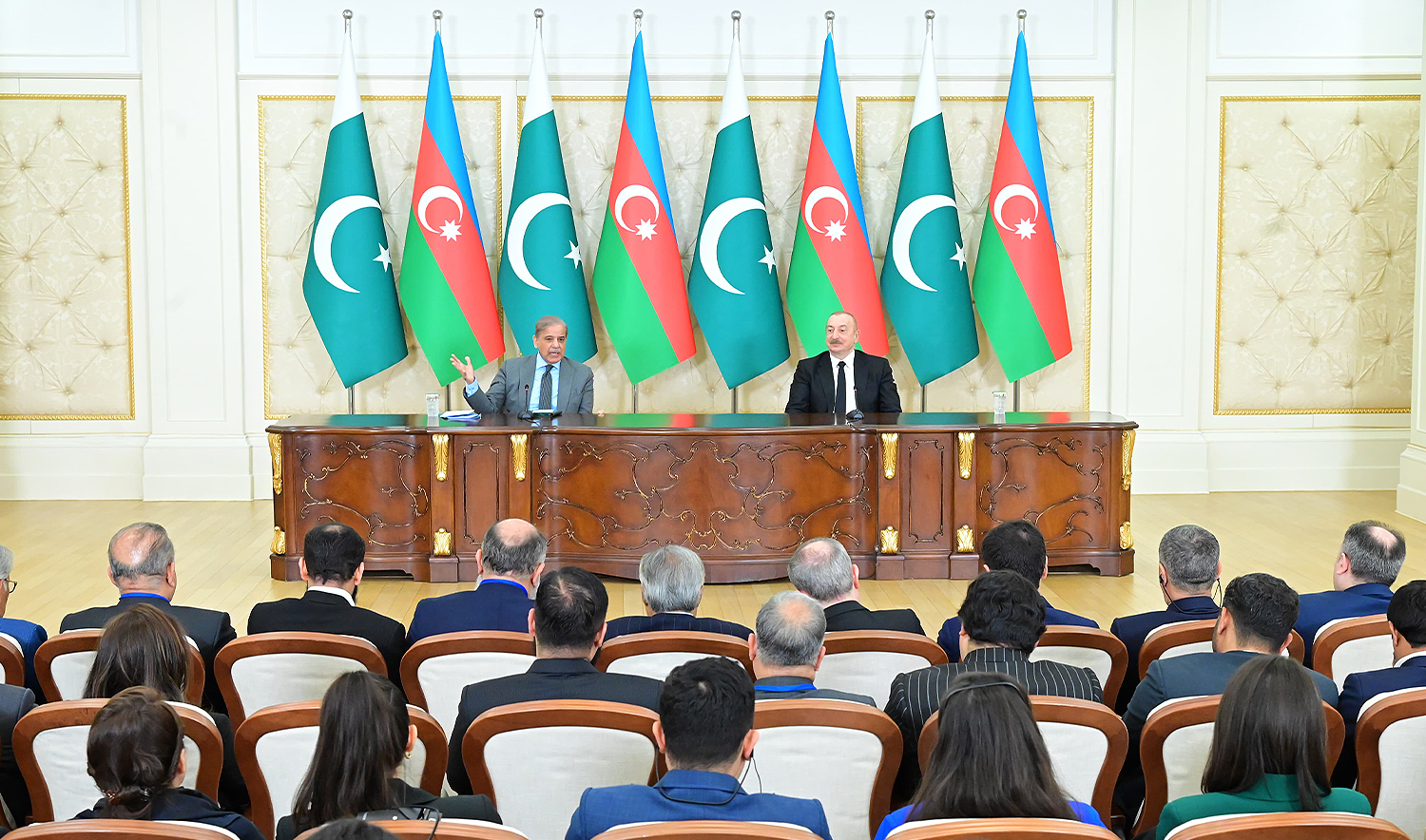 Pakistan Prime Minister Shehbaz Sharif (left) addresses joint press conference with Azerbaijan President Ilham Aliyev in Baku on February 24, 2025. (Governemnt of Pakistan)