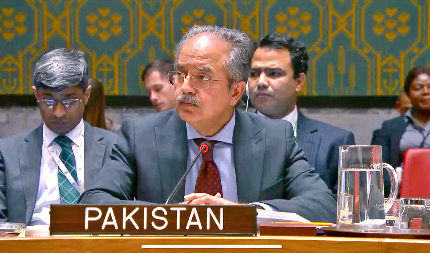Pakistan’s alternate permanent representative to the UN, Asim Iftikhar Ahmad, addresses a UN Security Council meeting on the 3rd anniversary of the Russia-Ukraine conflict on February 24, 2025. (@PakistanUN_NY/X)
