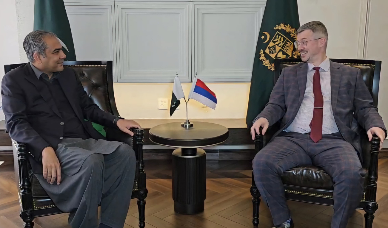 Interior Minister Mohsin Naqvi and Russian Ambassador Albert P. Khorev in a meeting in Islamabad, Pakistan on February 25, 2025. (Photo courtesy: PID))
