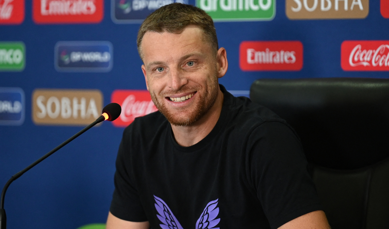 England's captain Jos Buttler speaks during a press conference at the Gaddafi Stadium in Lahore on February 21, 2025, on the eve of the ICC Champions Trophy one-day international (ODI) cricket match between England and Australia. (AFP)