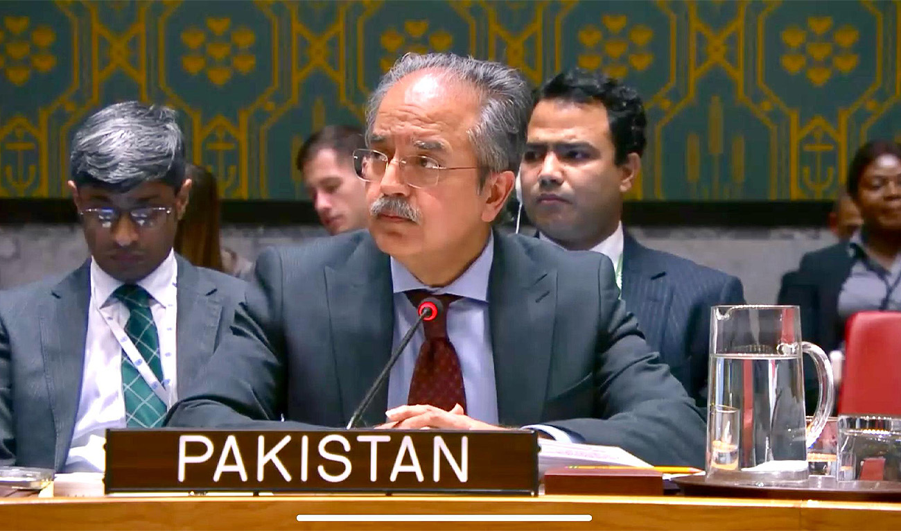Alternate Permanent Representative of Pakistan to the UN, Iftikhar Ahmad, addresses a UN Security Council meeting in New York, US, on Feb. 24, 2025. (@PakistanUN_NY/File)