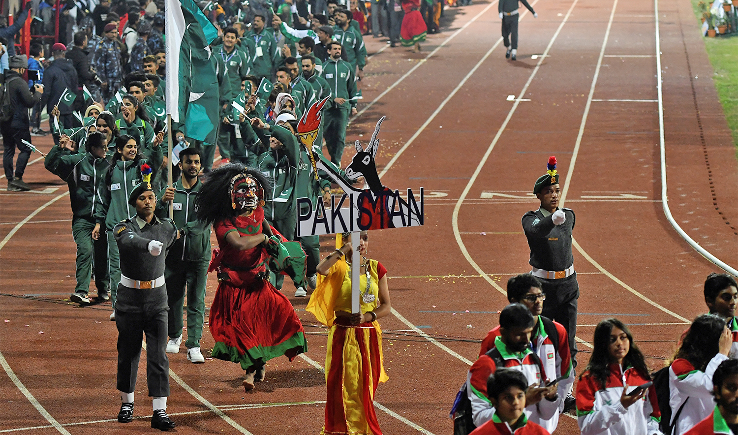 Pakistani athletes take part in the closing ceremony of the 13th South Asian Games (SAG) in Kathmandu on December 10, 2019. (AFP/File)