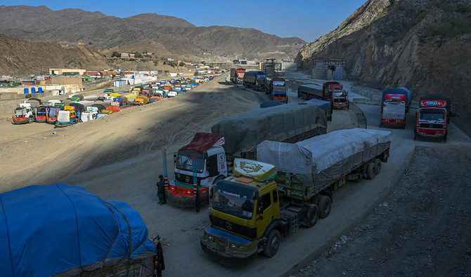 In this picture taken on on September 11, 2023, trucks are seen parked along a road and a parking area near the Pakistan-Afghanistan border in Torkham, after the Torkham border closed on September 6, 2023, following clashes between border forces of both countries. (Photo courtesy: AFP/File)