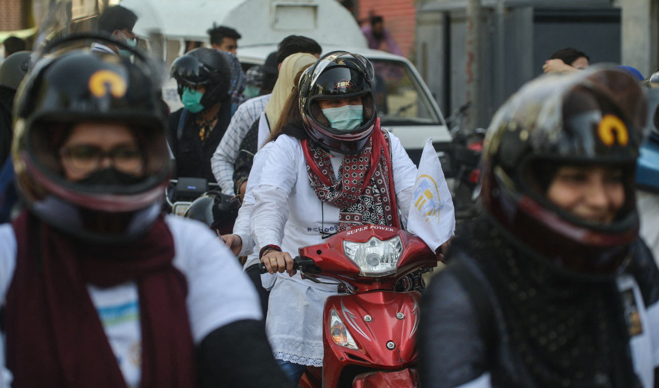 Women bikers participate in a women bike rally in Karachi on March 7, 2021. (AFP/File)