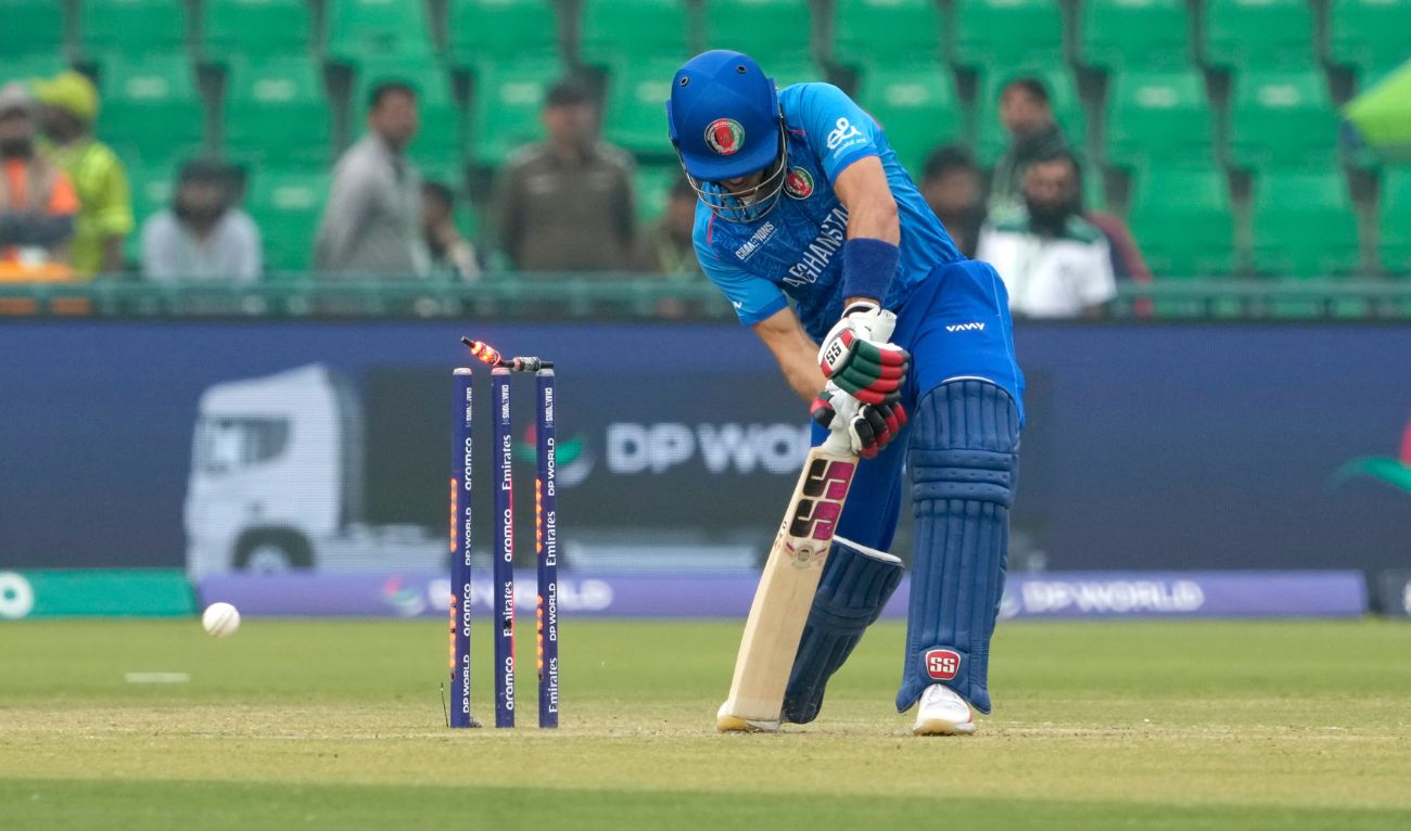 Afghanistan's Rahmanullah Gurbaz is bowled out by Australia's Spencer Johnson during the ICC Champions Trophy cricket match between Australia and Afghanistan, in Lahore, Pakistan, Friday, Feb. 28, 2025. (AP)