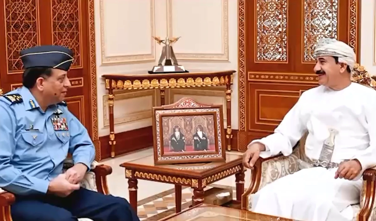 This handout photo, released by Pakistan Air Force on February 7, 2025, shows Pakistan Air Chief Marshal Zaheer Ahmed Baber Sidhu during a meeting with Omani official in Muscat. (Photo courtesy: PAF)