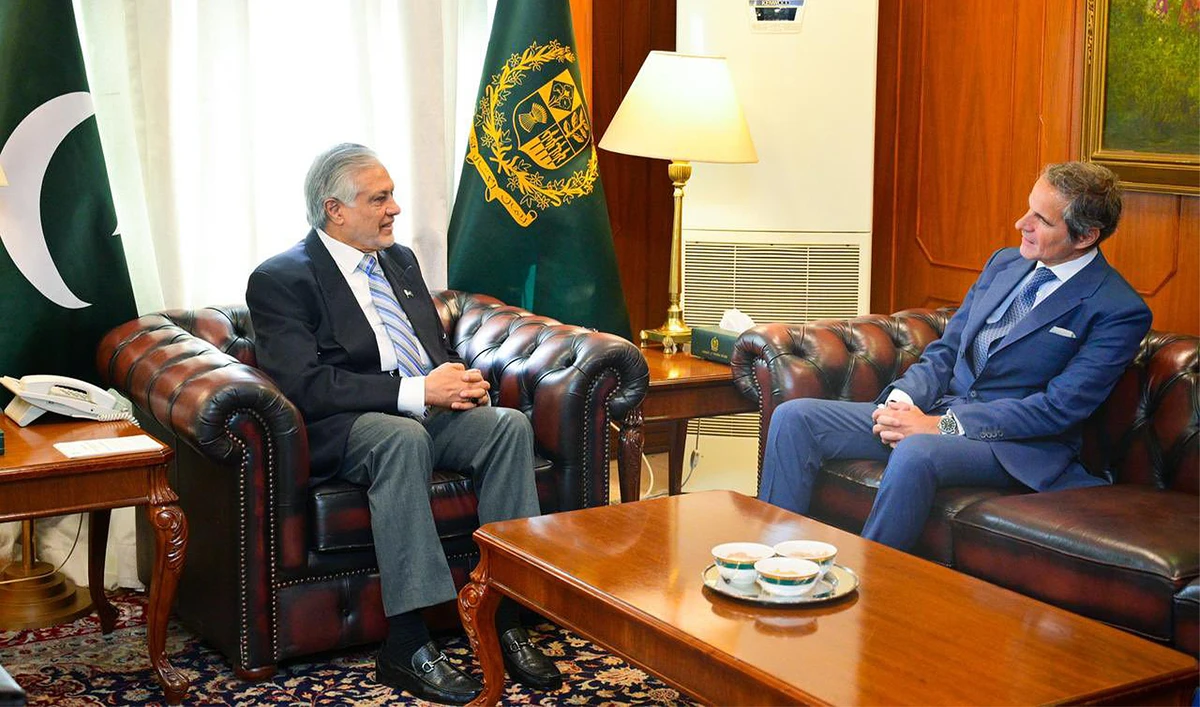 Director General of the International Atomic Energy Agency (IAEA), Rafael Mariano Grossi (right), meets Pakistan's Deputy Prime Minister and Foreign Minister, Ishaq Dar, in Islamabad, Pakistan, on February 12, 2025. (Foreign Office)