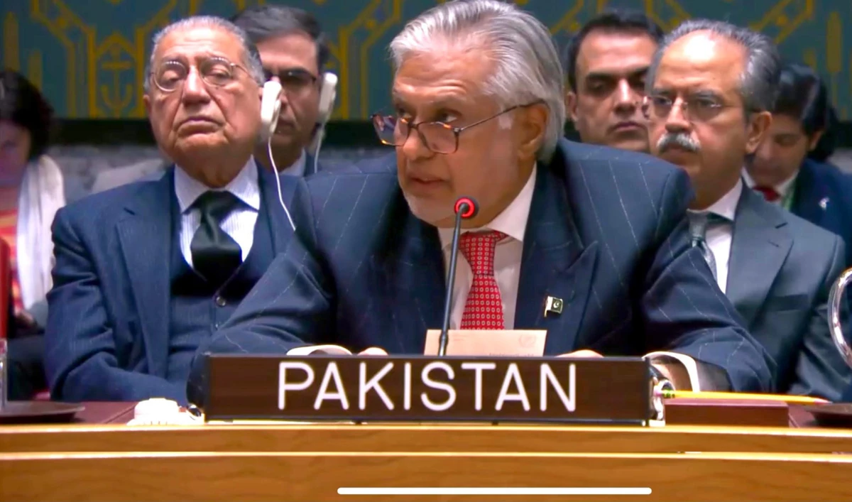 Pakistan’s Deputy Prime Minister Ishaq Dar addresses the United Nations Security Council (UNSC) on February 18, 2025. (Ministry of Foreign Affairs)