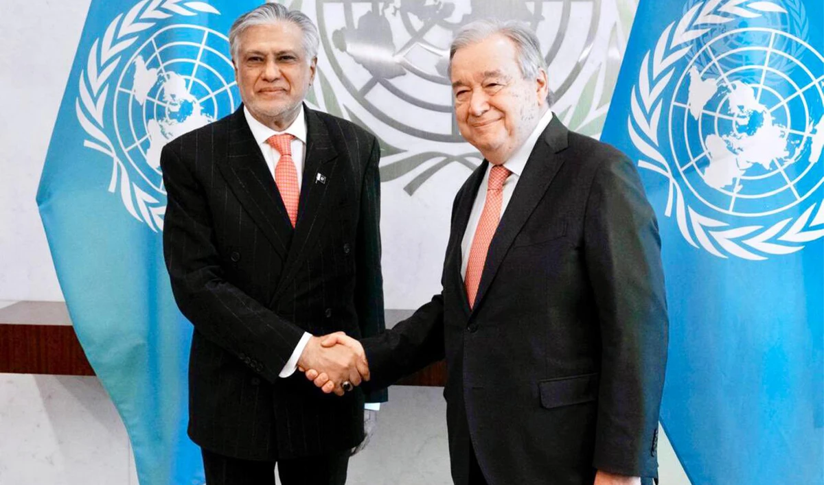 Pakistan’s Deputy Prime Minister Ishaq Dar (left) meets UN Secretary-General António Guterres in New York, US, on February 19, 2025. (Pakistan Foreign Office)