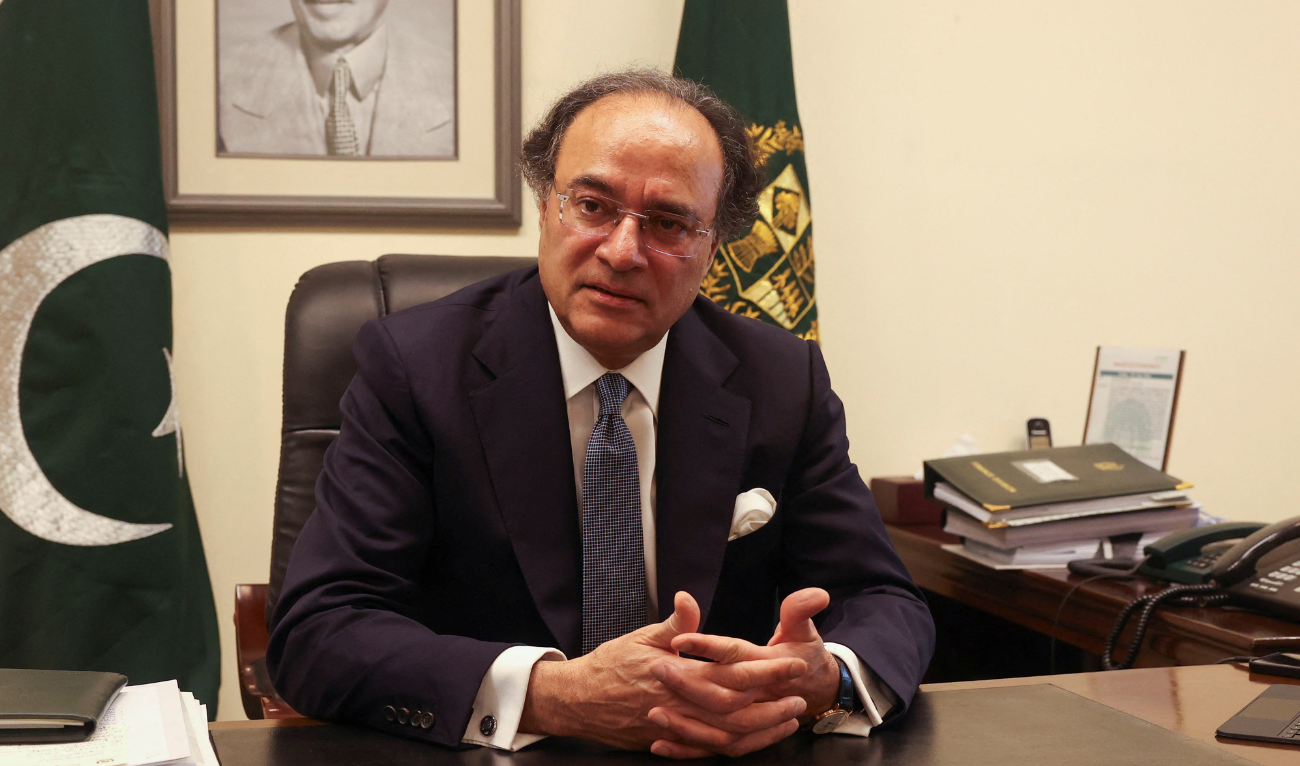 Pakistan Finance Minister Muhammad Aurangzeb speaks during an interview with Reuters at his office in Islamabad, Pakistan July 19, 2024. (Reuters)