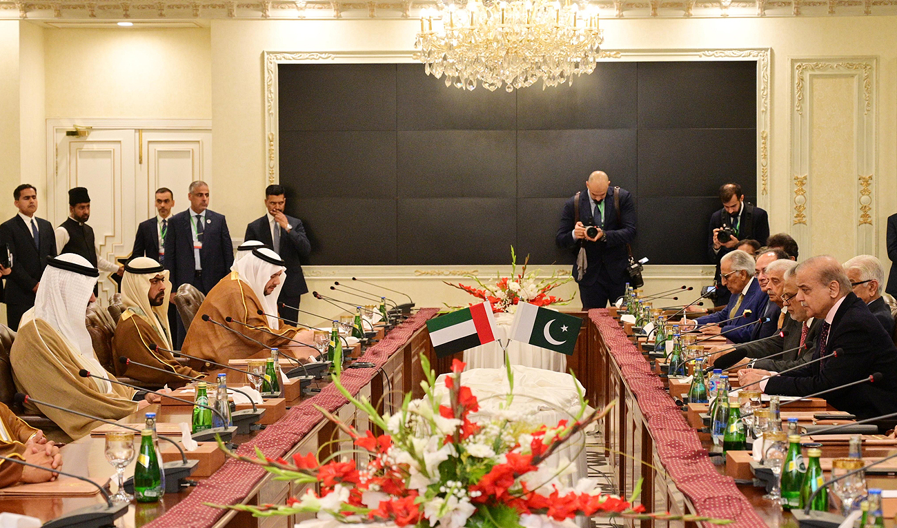 Abu Dhabi Crown Prince and Chairman Abu Dhabi Executive Council Sheikh Khaled bin Zayed Al Nahyan (first, left) and Pakistan Prime Minister Shehbaz Sharif (first, right) lead Pakistan and UAE delegation during a meeting at the Prime Minister Office in Islamabad on February 27, 2025. (Photo courtesy: PMO/File)