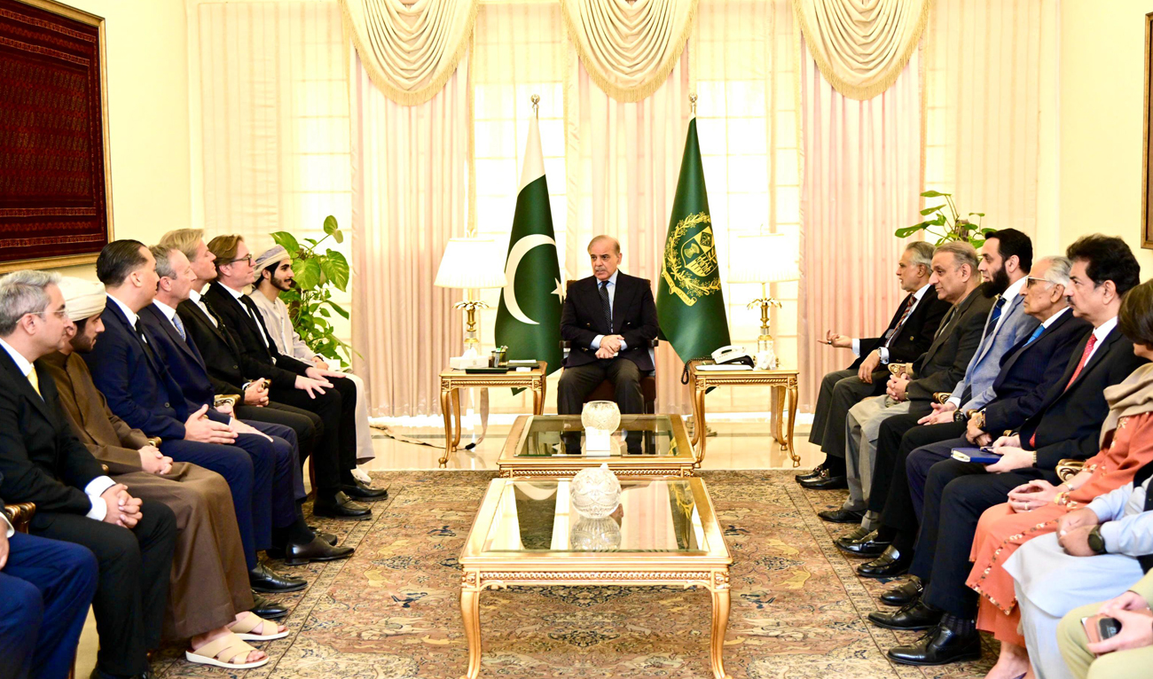 In this handout photo, released by Pakistan Prime Minister Office on March 5, 2025, a delegation of Aleria and International Free Zones Authority UAE gesture during a meeting with Pakistan Prime Minister Shehbaz Sharif in Islamabad on March 5, 2025. (Photo courtesy: Handout/PMO)