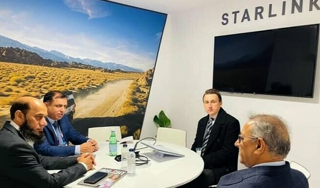 Pakistan Telecommunication Authority (PTA) Chairman Major General (Retd) Hafeez ur Rehman (left) gestures during a meeting with Starlink team on the sidelines at the Mobile World Congress 2025 in Barcelona, Spain on March 5, 2025. (Photo courtesy: Handout/PTA)