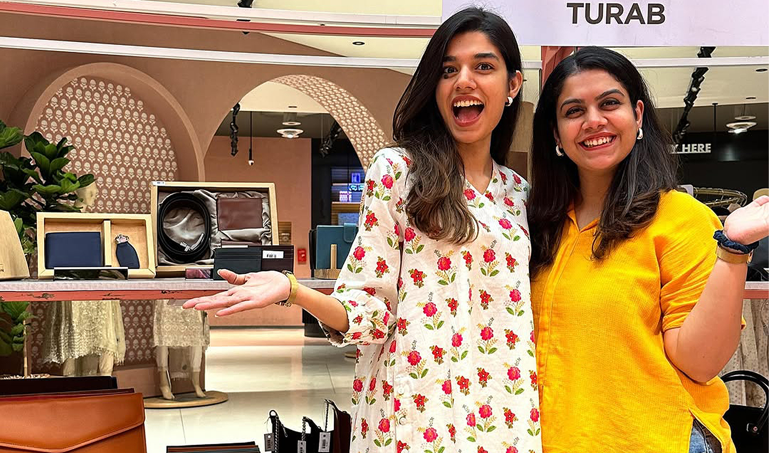 The photograph, posted on September 20, 2024, on Turab's Instagram page, shows Pakistani sisters Sakina Hussain (left) and Marium Hussain posing during an exhibition in Karachi, Pakistan. (Turab/Instagram)