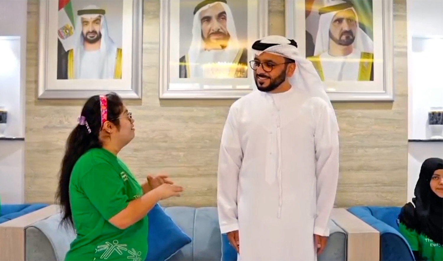 UAE Consul General Bakheet Ateeq Al Remeithi (right) interacts with a Special Olympics Pakistan athlete during an iftar dinner at his residence in Karachi, Pakistan, on March 9, 2025. (UAE consul general)