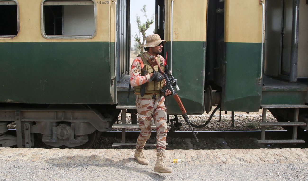A Pakistan Army soldier stands guard next to a rescue train, after the attack on a train by separatist militants in Bolan, at the railway station in Mushkaf, Balochistan, Pakistan, March 12, 2025. (REUTERS)