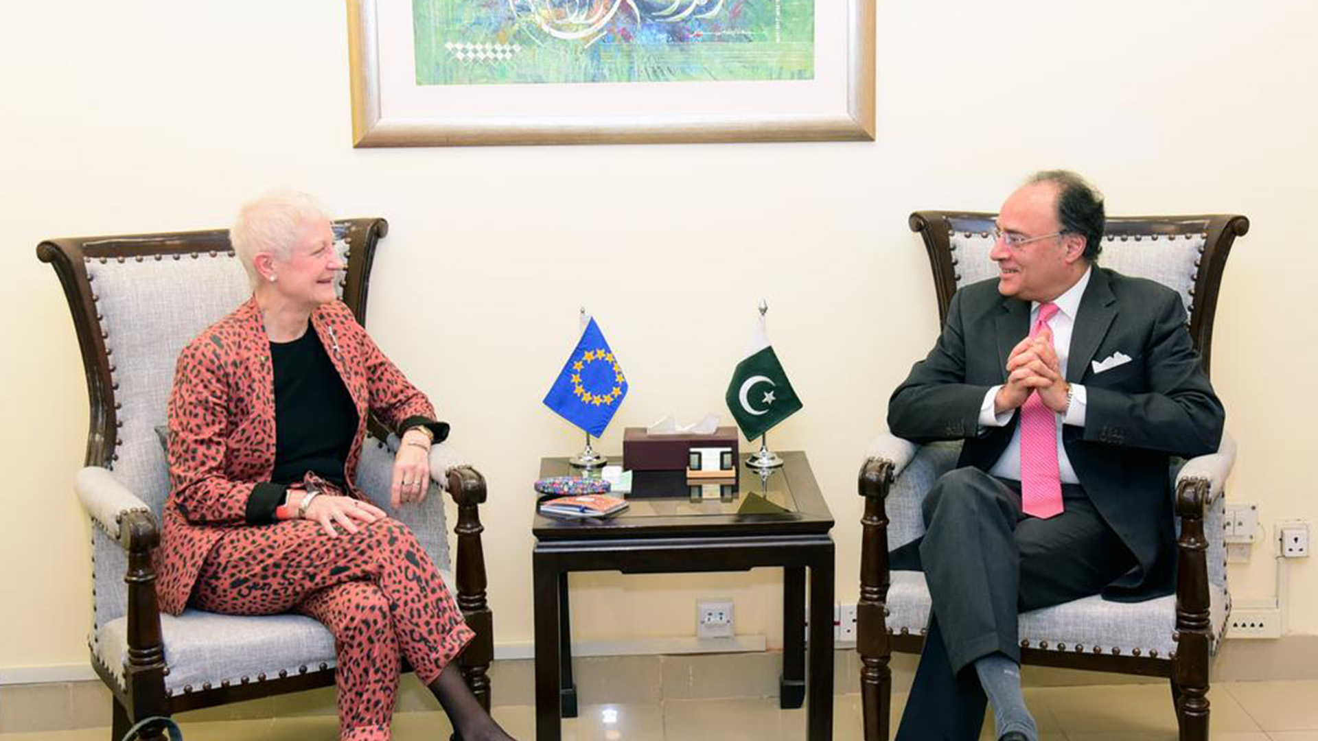 Federal Minister for Finance and Revenue, Senator Muhammad Aurangzeb (Left) holding a meeting with Dr. Riina Kionka, Ambassador and Head of the Delegation of the European Union to Pakistan in Islamabad on March 14, 2025. (@Financegovpk)