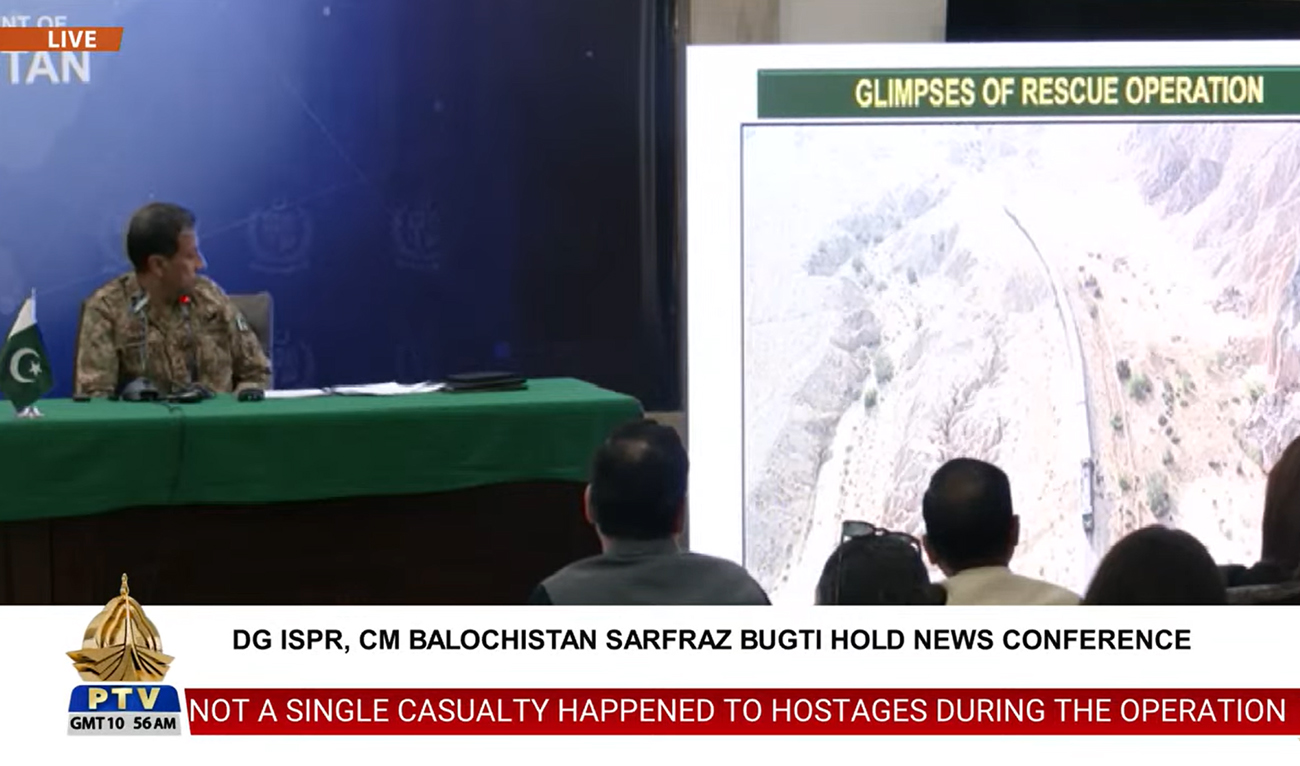 This screengrab, taken from state run Pakistan Television’s live broadcast, shows Pakistan’s military spokesperson, Lt. Gen. Ahmad Sharif Chaudhry, speaking during a press briefing on Balochistan train hijack, in Islamabad on March 14, 2025. (PTV World/Screengrab)
