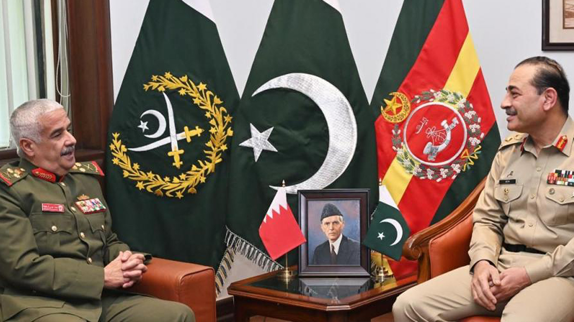 In this handout picture provided by Inter Service Public Relations on March 18, 2025, Commander of the National Guard of the Kingdom of Bahrain, Gen. Sheikh Mohammed Bin Isa Bin Salman Al Khalifa (left), meets Pakistan's Army Chief General Asim Munir at General Headquarters in Rawalpindi, Pakistan. (ISPR)