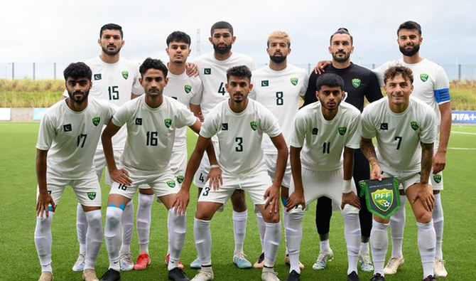 The photo shared on June 18, 2023, shows the Pakistani football team posing for a photo. (Courtesy: Pakistan Football Federation/Twitter)