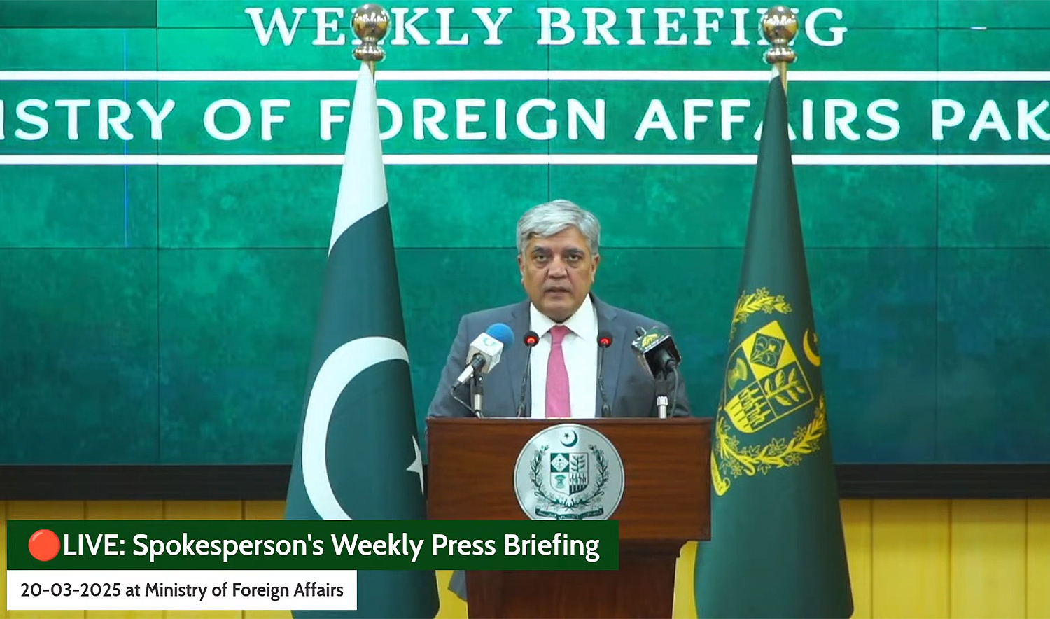 Ministry of Foreign Affairs spokesperson Shafqat Ali Khan addresses the weekly press briefing in Islamabad, Pakistan, on March 20, 2025. (MOFA/Screengrab)