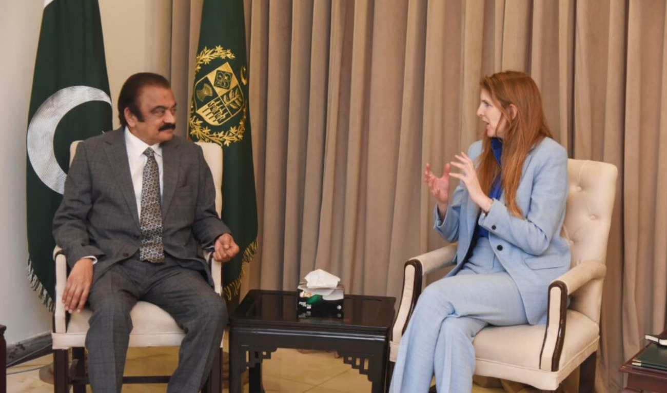 Rana Sanaullah (L), adviser to the prime minister on political affairs, in a meeting with British High Commissioner Jane Marriott, in Islamabad on March 20, 2025. (APP)