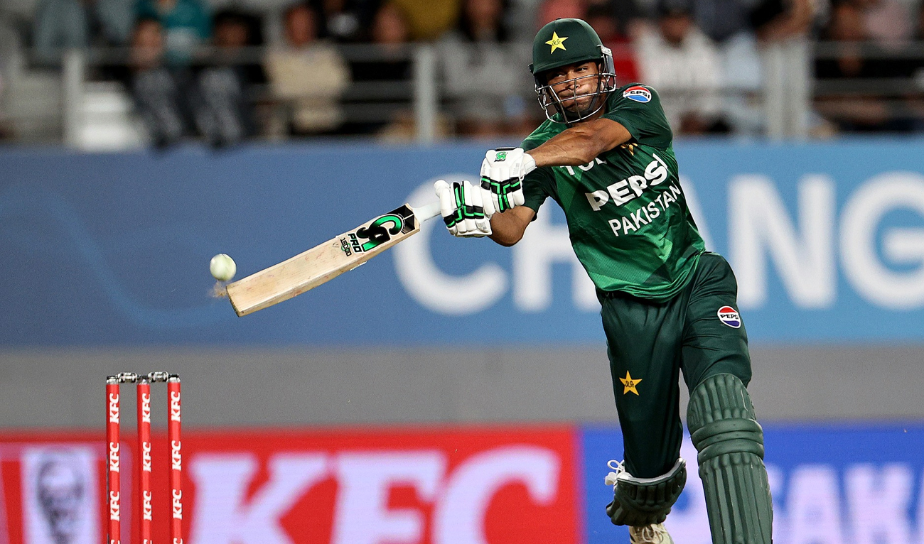 Pakistani opening batter plays a shot during the third T20 international cricket match between New Zealand and Pakistan at Eden Park in Auckland, New Zealand, on March 21, 2025. (Pakistan Cricket Board/Facebook)