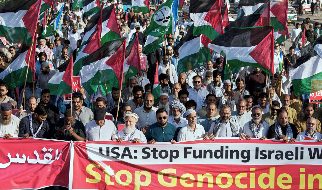 Supporters of the Pakistani religious group “Jamaat-e-Islami” chant slogans during a rally against Israeli airstrikes and to show solidarity with Palestinian people living in Gaza, in Karachi on March 21, 2025. (AP)