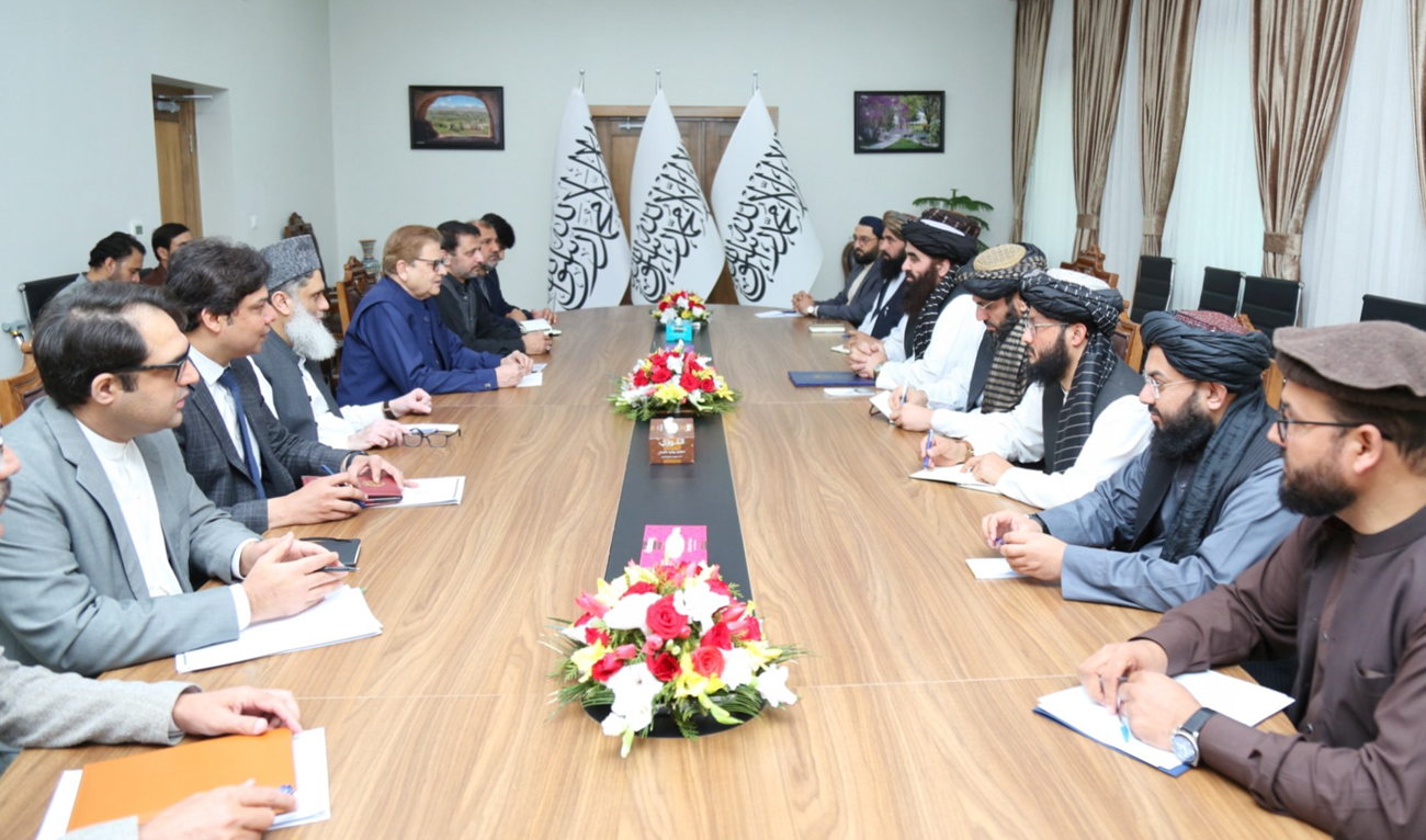 Pakistan’s Special Representative for Afghanistan, Ambassador Muhammad Sadiq Khan (4L), speaks during a meeting with Afghan Foreign Minister Amir Khan Muttaqi (5R) in Kabul on March 22, 2025. (Photo courtesy: X/ @AmbassadorSadiq)