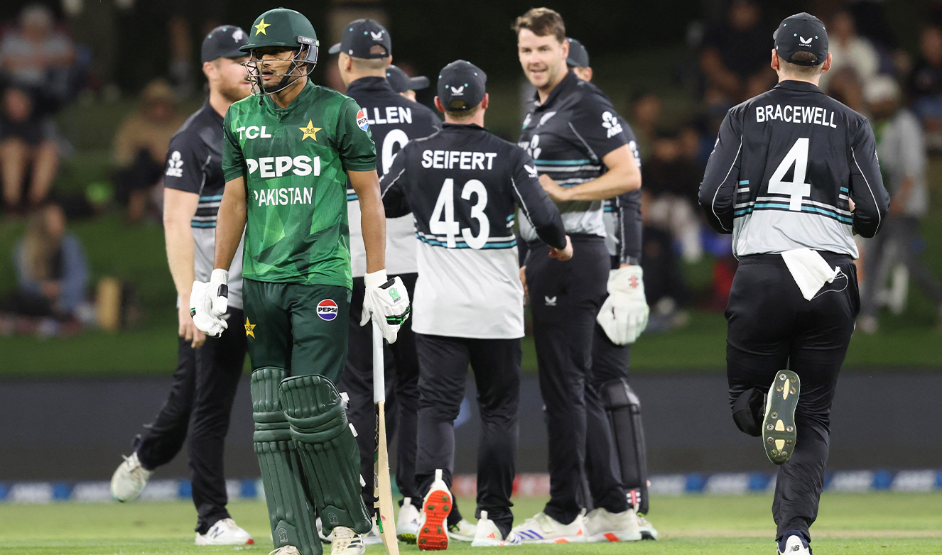 Pakistan’s Hasan Nawaz is dismissed during the fourth Twenty20 international cricket match between New Zealand and Pakistan at Bay Oval in Mount Maunganui on March 23, 2025. (AFP)