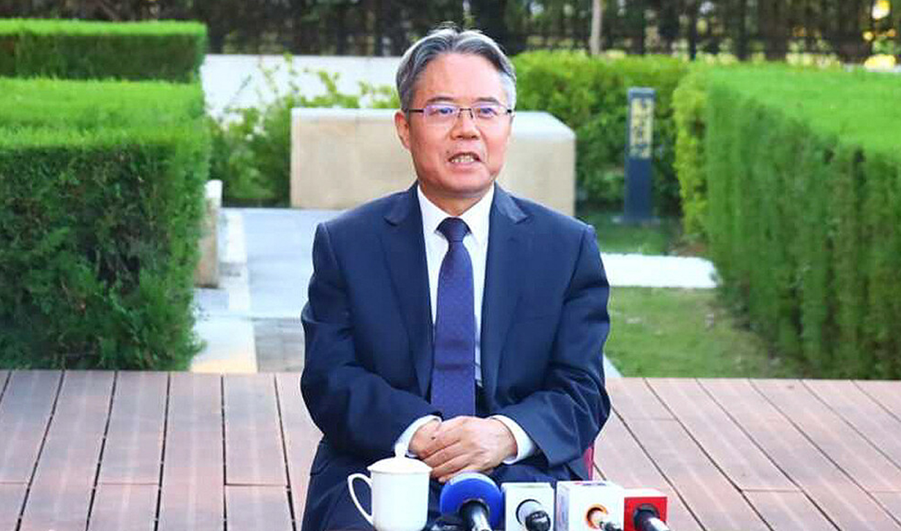 In this handout photo, taken and released by the Chinese Embassy in Pakistan on October 25, 2024, China’s Ambassador to Pakistan Jiang Zaidong speaks during a meeting with a group of Pakistani journalists at the Chinese Embassy in Islamabad. (Photo courtesy: Chinese embassy/File)