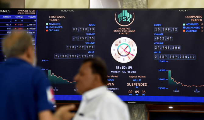 Stock brokers monitor share prices displayed on a digital screen during a trading session at the Pakistan Stock Exchange (PSX) in Karachi on February 12, 2024. (AFP/ File)