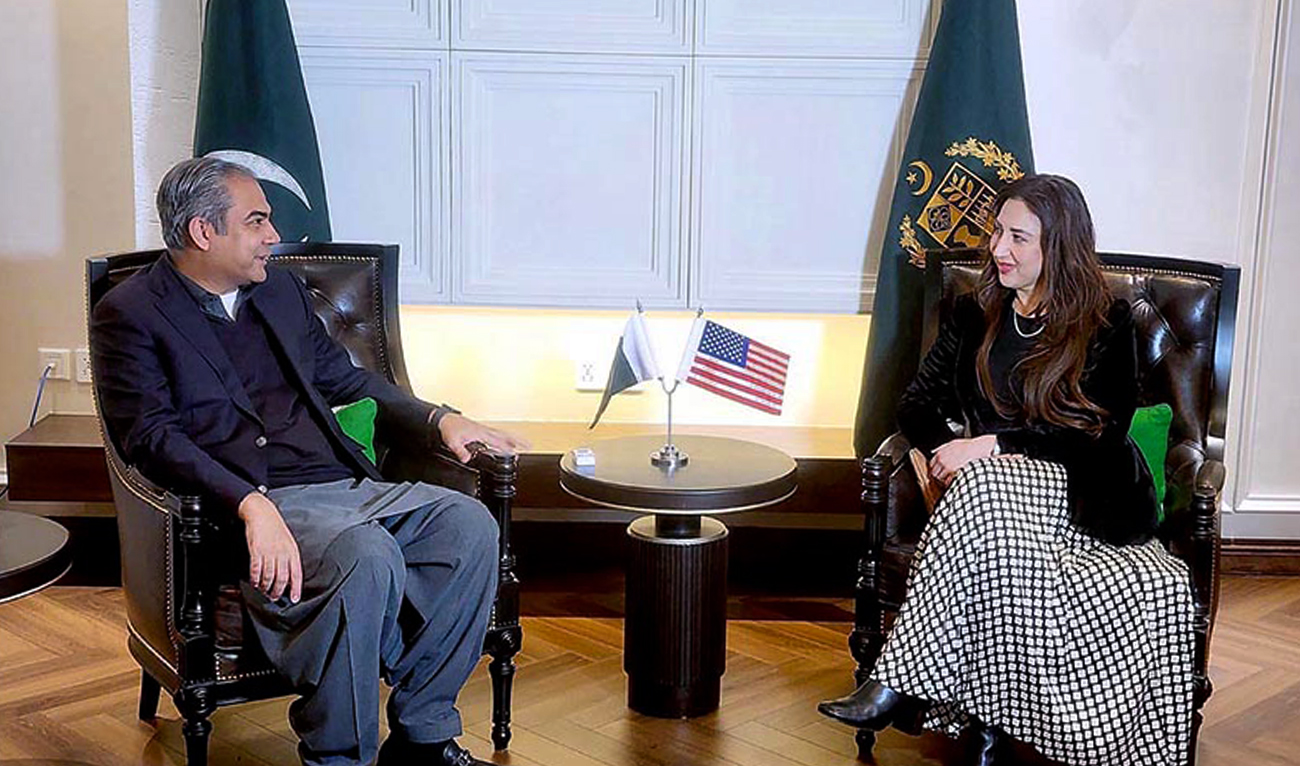 Pakistan Interior Minister Mohsin Naqvi speaks during a meeting with US Chargé d’Affaires Natalie Baker at the Pakistan Secretariate in Islamabad on February 15, 2025. (APP/File)