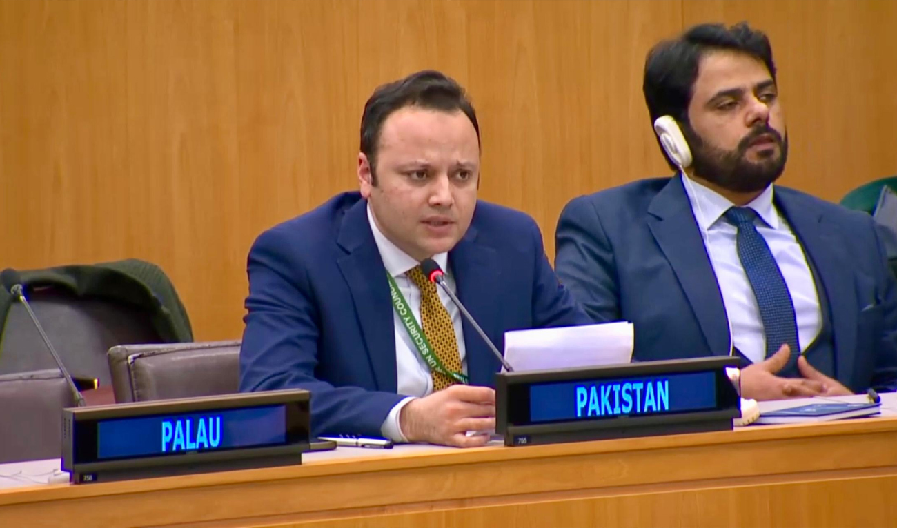 Jibran Khan Durrani, first secretary at Pakistan’s UN mission, speaks at the closing session of the first part of the 79th United Nations General Assembly (UNGA) in New York on March 28, 2025. (Radio Pakistan)