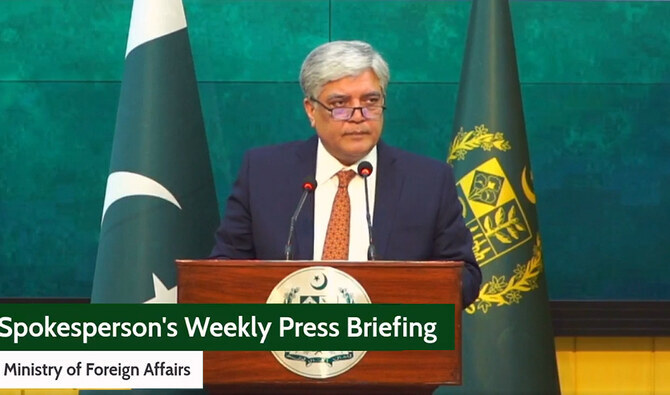 The screengrab taken from the press conference of Pakistan’s Ministry of Foreign Affairs shows the foreign office’s spokesperson Shafqat Ali Khan addressing the weekly media briefing in Islamabad on January 23, 2025. (MOFA/File)