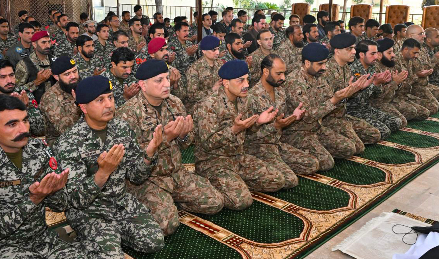 Pakistan’s Army Chief General Asim Munir (fourth in the first row) offers Eid prayers with troops in South Waziristan and Dera Ismail Khan districts on March 31, 2025. (Pakistan Army)