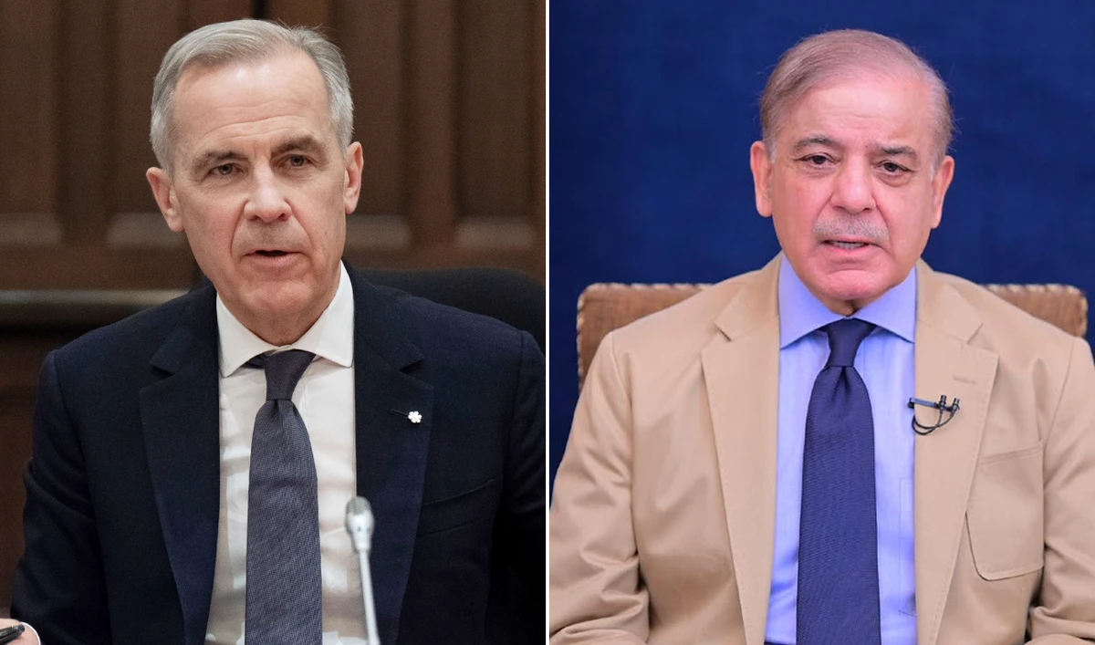 This collage of images shows Pakistan’s Prime Minister (right) addressing the nation in Islamabad on June 15, 2024, and Canadian Prime Minister Mark Carney speaking after signing a document during a cabinet meeting at Parliament Hill in Ottawa on March 14, 2025. (PID/AP/File)