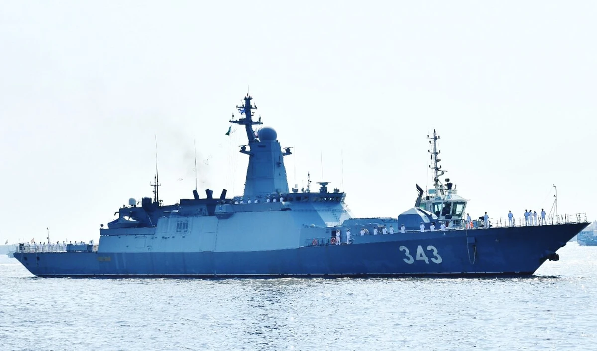In this handout photograph released by Pakistan Navy on March 16, 2025, Russian Navy frigate RFS REZKIY arrives at Karachi port in Karachi, Pakistan. (Photo courtesy: Pakistan Navy via APP)
