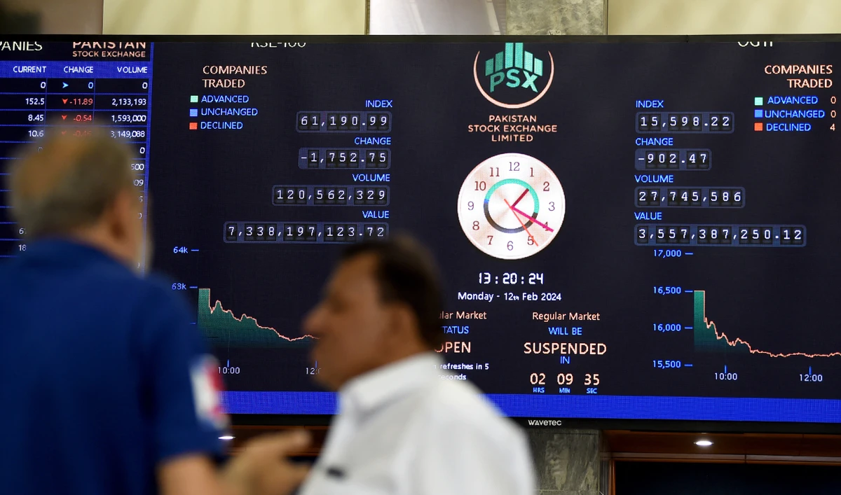 Stock brokers monitor share prices displayed on a digital screen during a trading session at the Pakistan Stock Exchange (PSX) in Karachi on February 12, 2024. (AFP/ File)