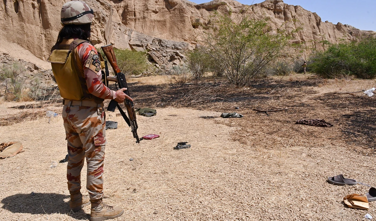 Pakistan's Frontier Corps stands guard at Pehro Kunri in Balochistan province on March 15, 2025. (AFP/File)