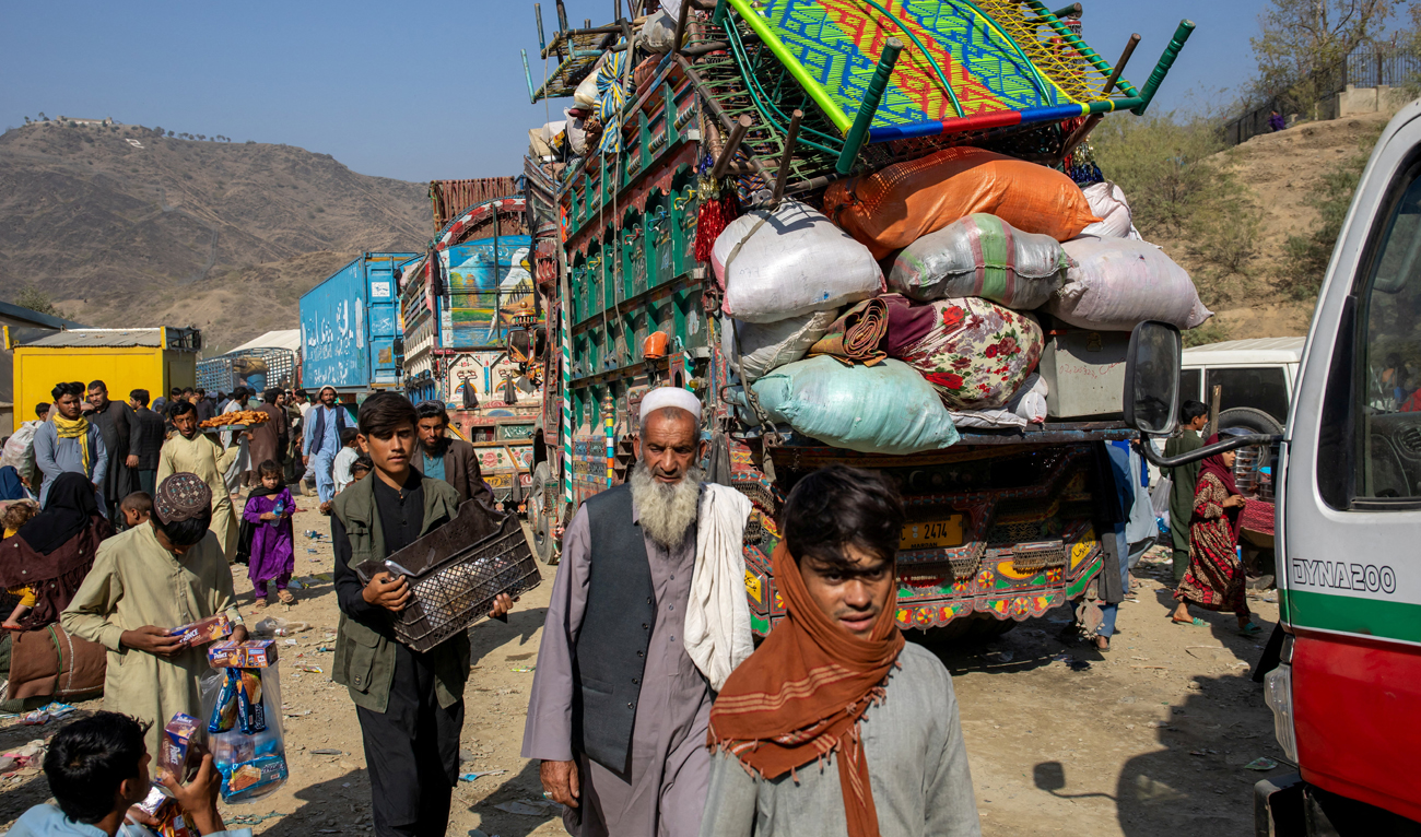 Trucks loaded with goods are seen at the Torkham border as Afghan nationals head back to Afghanistan, at the Torkham border crossing between Pakistan and Afghanistan, October 30, 2023. (Reuters/File)