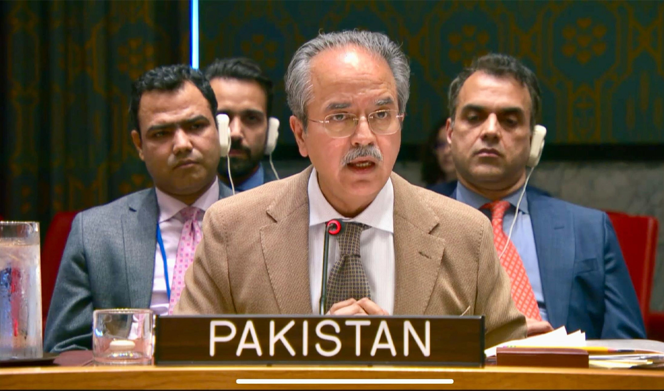 Pakistan’s permanent representative to the United Nations, Ambassador Asim Iftikhar Ahmad, speaks at an open briefing at the UN Security Council on the situation in Palestinian territories, at United Nations, in New York on April 3, 2025. (X/@PakistanUN_NY)